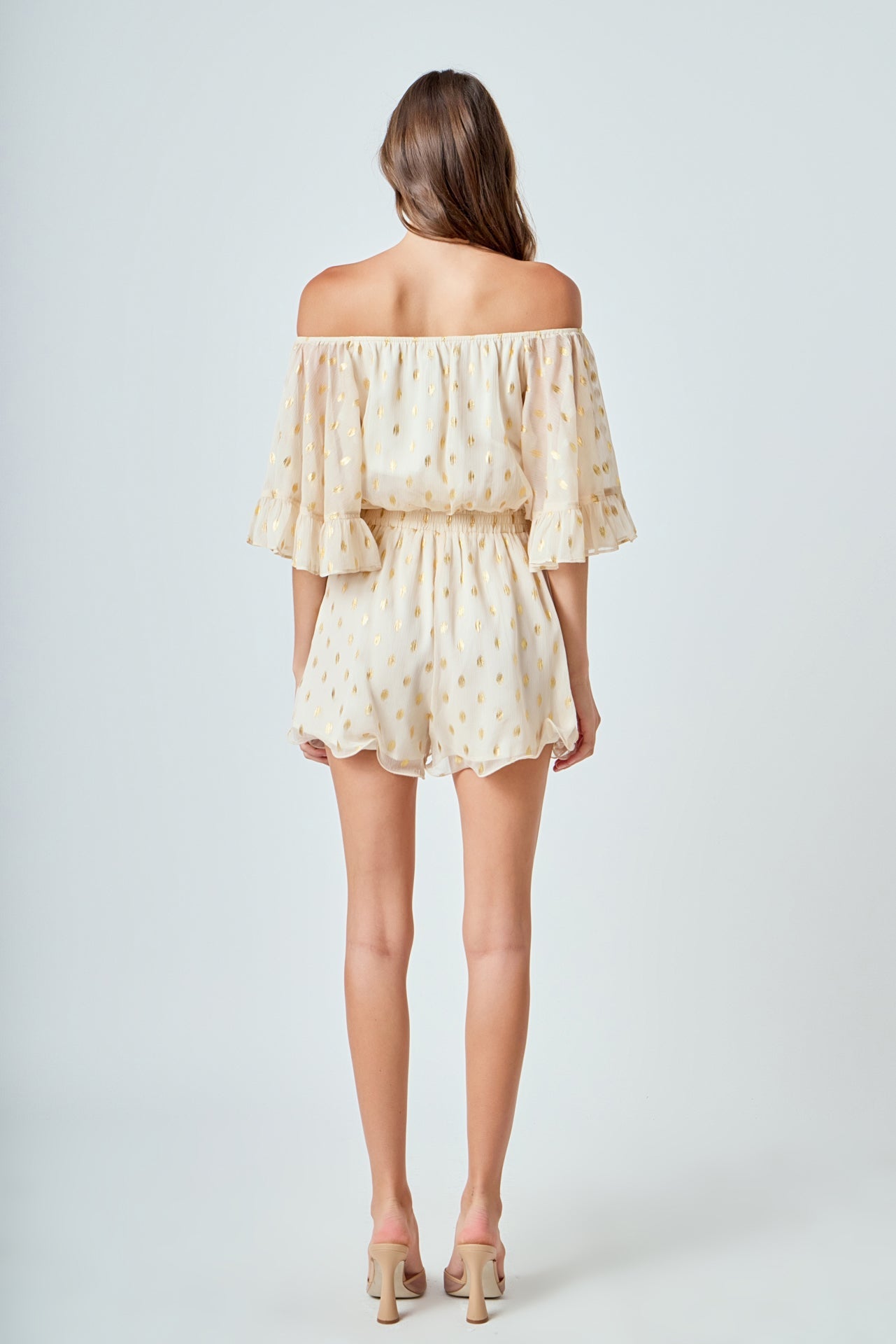 ENDLESS ROSE - Foil Print Off-Shoulder Romper - ROMPERS available at Objectrare