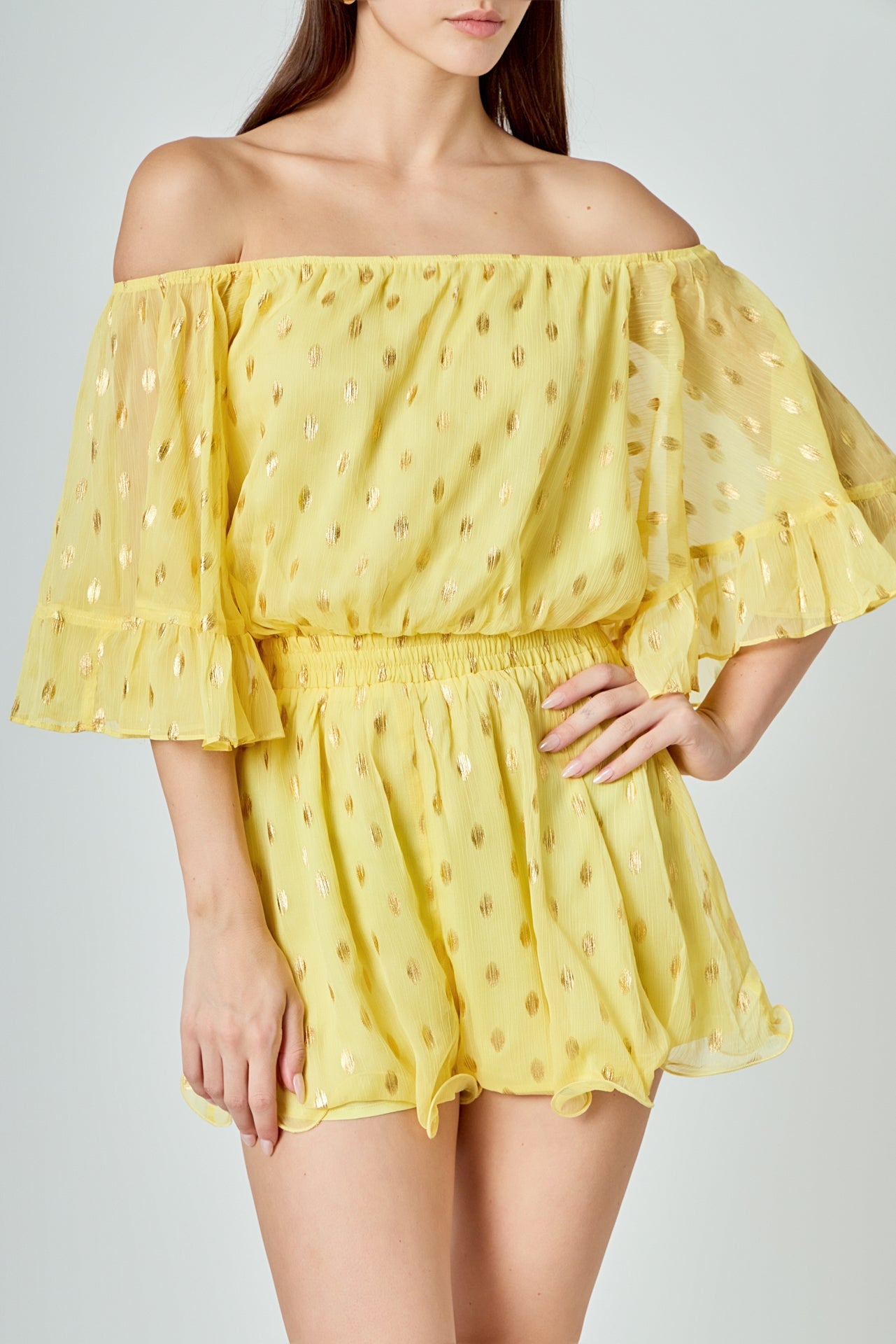 ENDLESS ROSE - Foil Print Off-Shoulder Romper - ROMPERS available at Objectrare