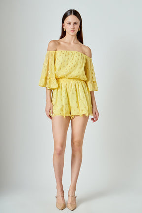 ENDLESS ROSE - Foil Print Off-Shoulder Romper - ROMPERS available at Objectrare