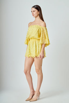 ENDLESS ROSE - Foil Print Off-Shoulder Romper - ROMPERS available at Objectrare