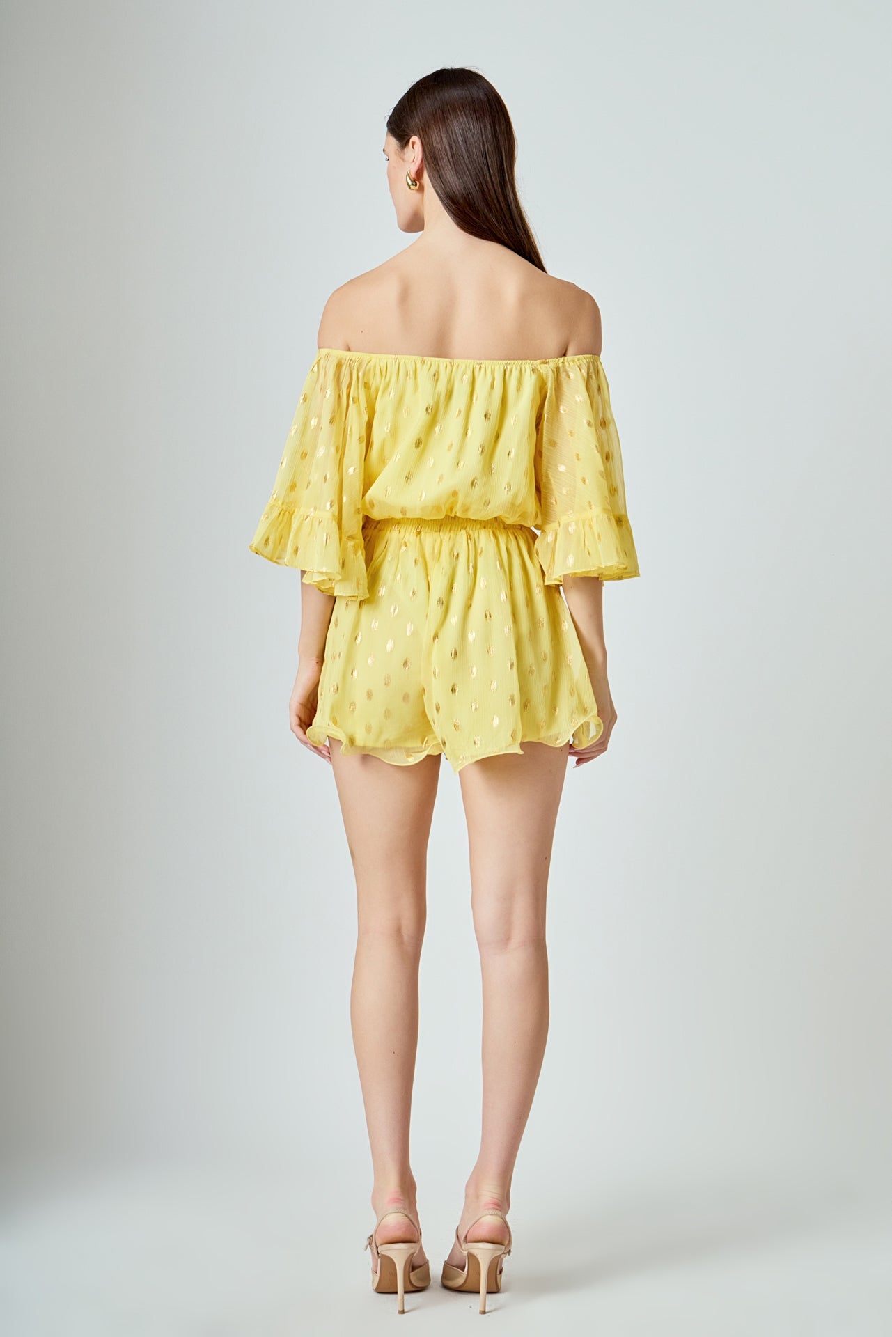 ENDLESS ROSE - Foil Print Off-Shoulder Romper - ROMPERS available at Objectrare
