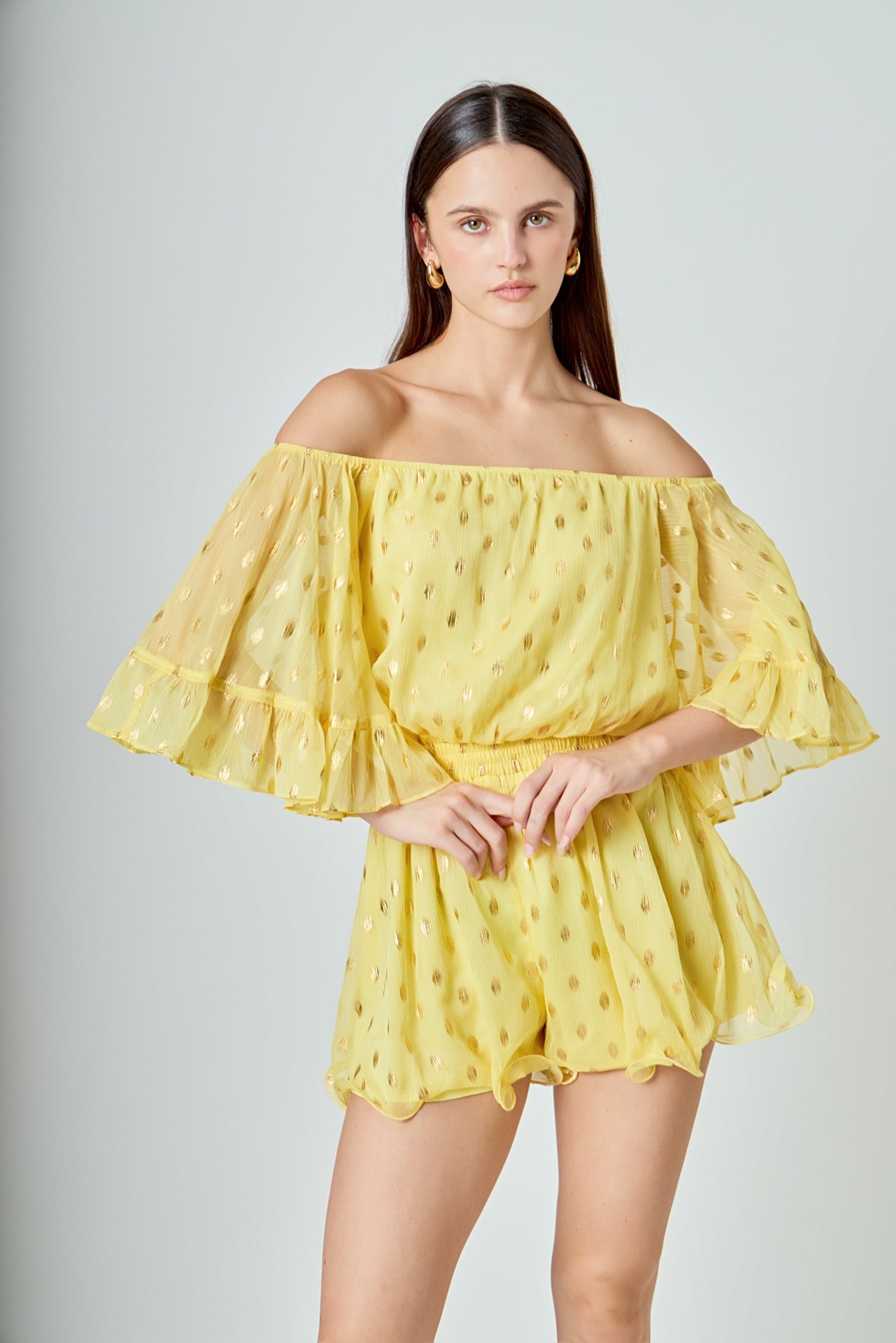 ENDLESS ROSE - Foil Print Off-Shoulder Romper - ROMPERS available at Objectrare