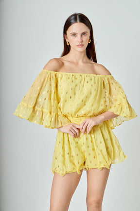 ENDLESS ROSE - Foil Print Off-Shoulder Romper - ROMPERS available at Objectrare