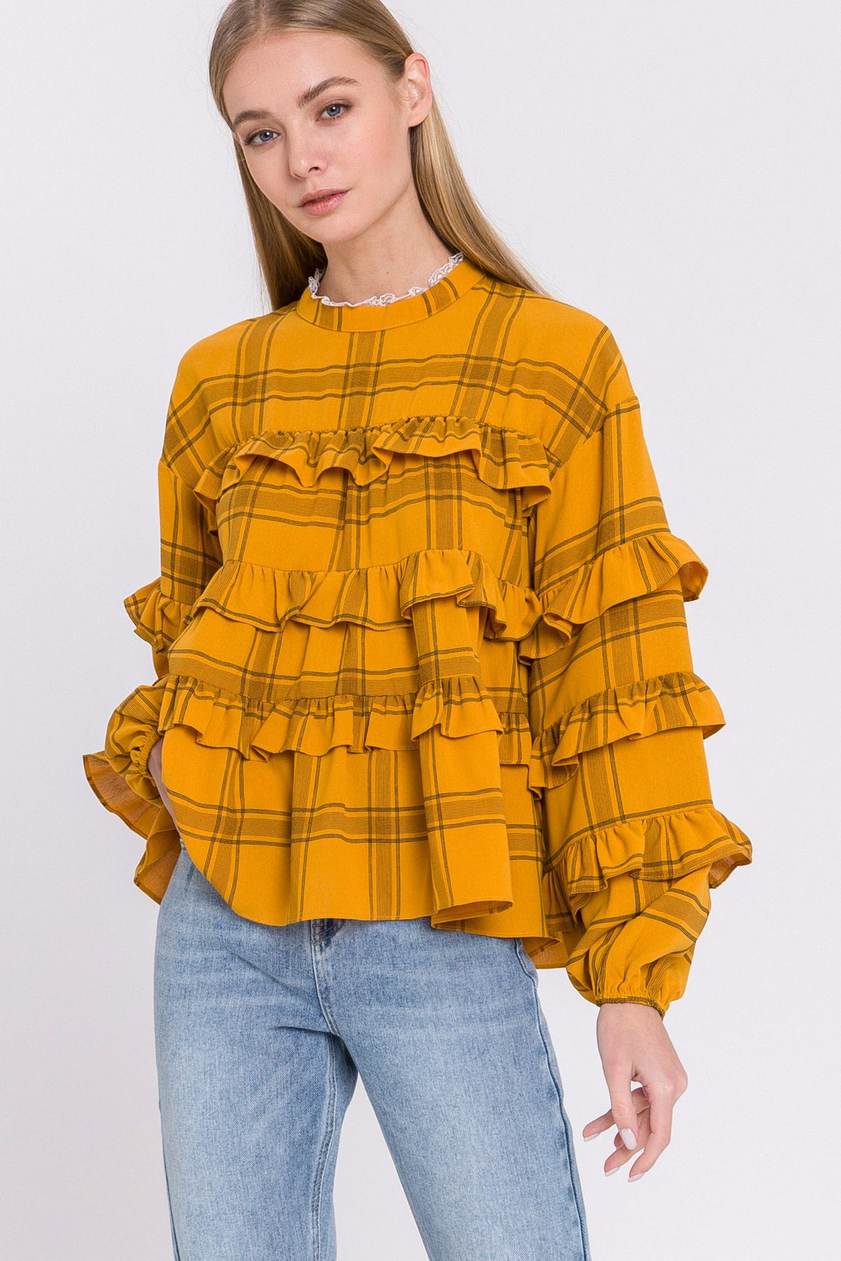 Check Print Ruffled Top
