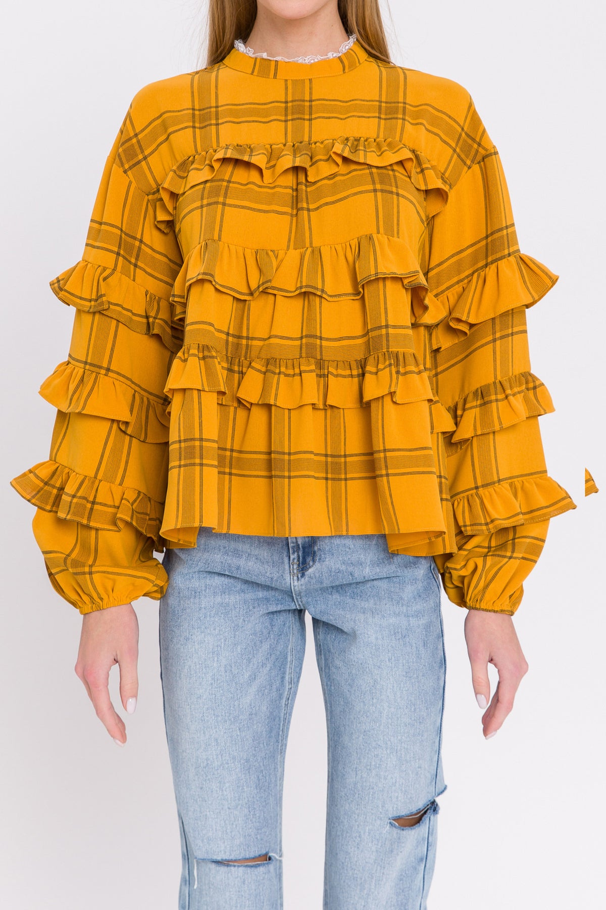 Check Print Ruffled Top