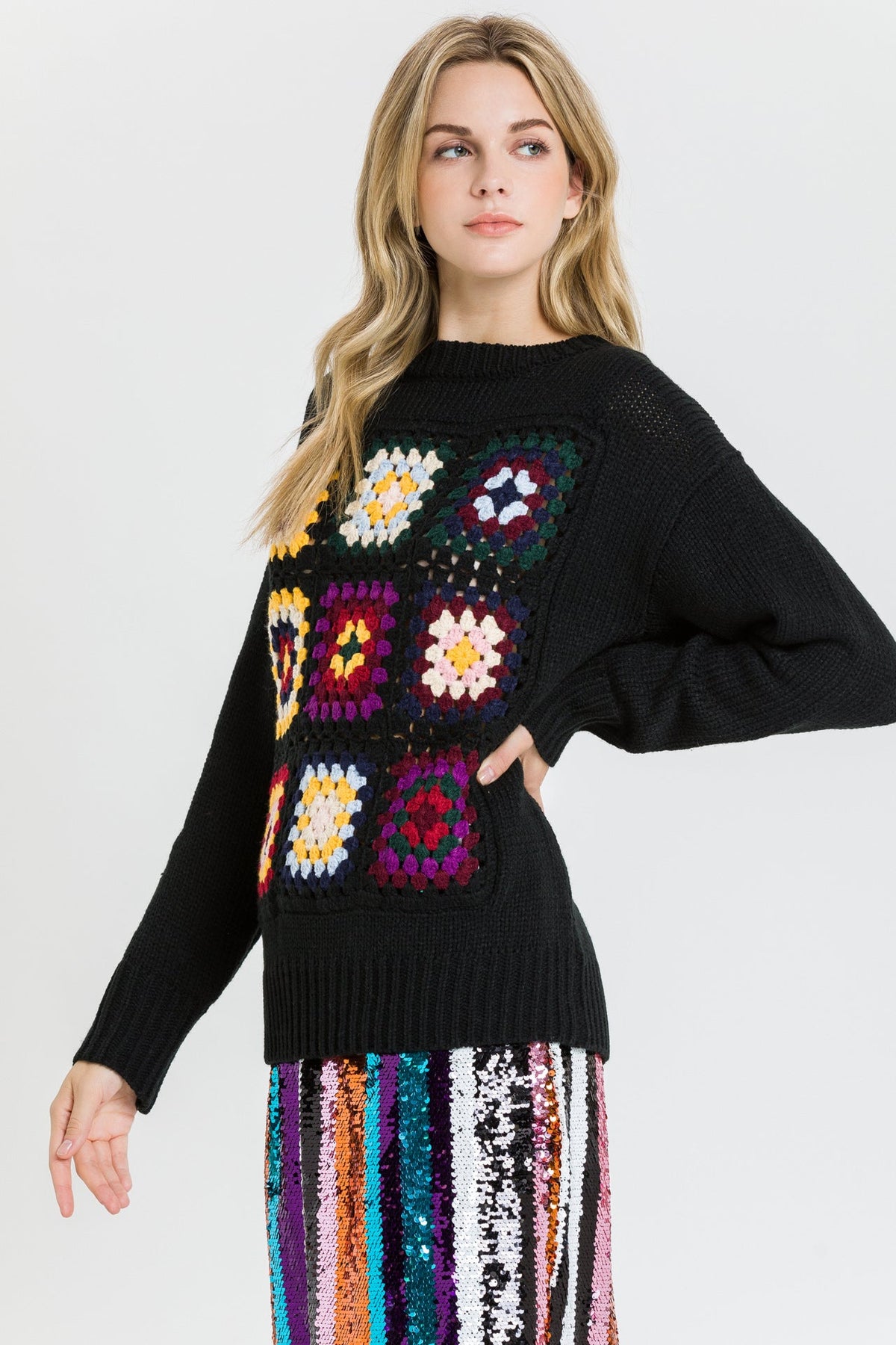 ENGLISH FACTORY - Boho Crochet Patchwork Knit Sweater - TOPS available at Objectrare
