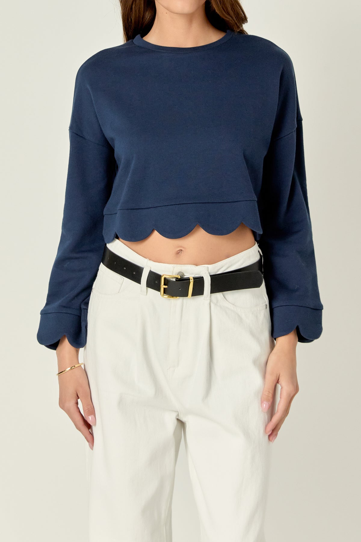 ENGLISH FACTORY - Scallop Bottom Long Sleeve Crop Top - TOPS available at Objectrare