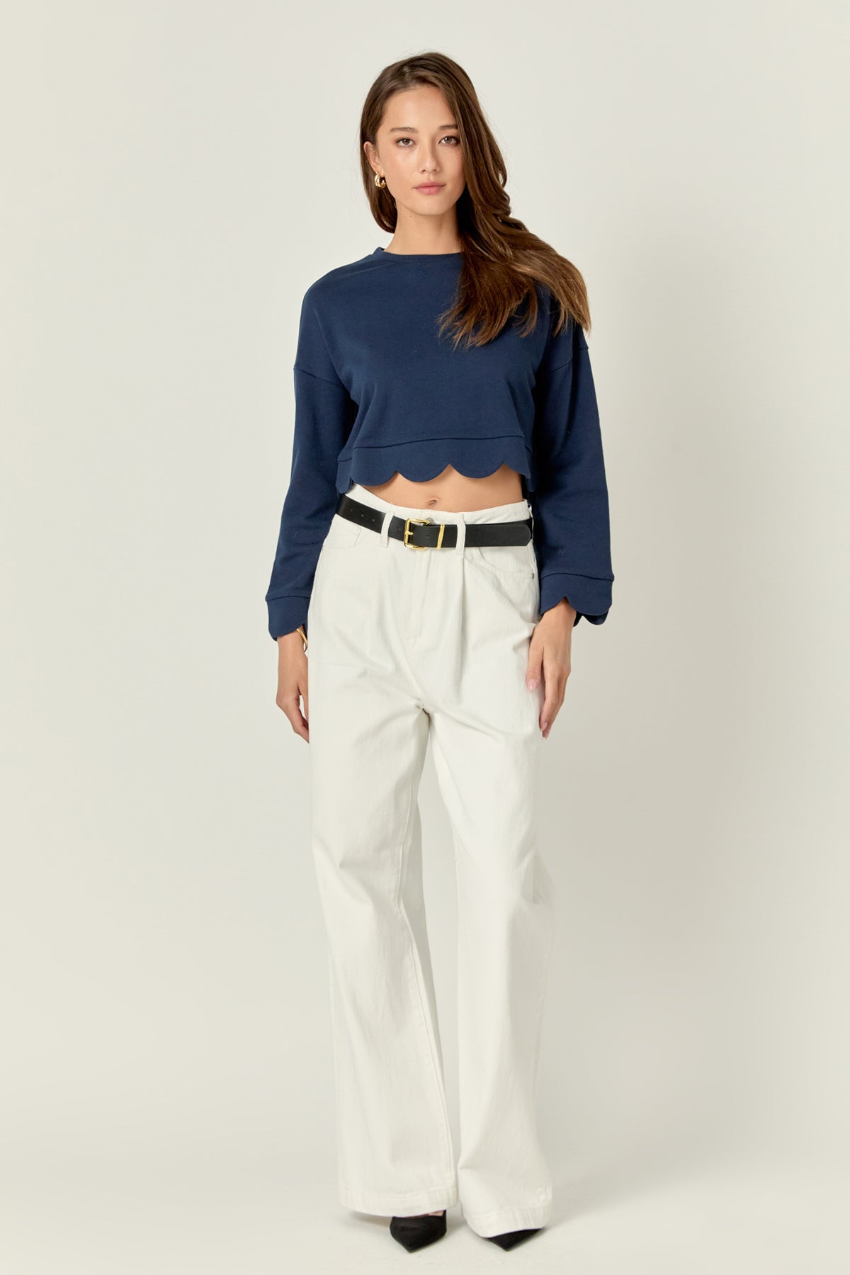 ENGLISH FACTORY - Scallop Bottom Long Sleeve Crop Top - TOPS available at Objectrare