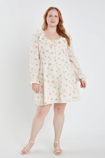 ENGLISH FACTORY - English Factory - Plus Size Floral Ruffled Neck Mini Dress - DRESSES available at Objectrare