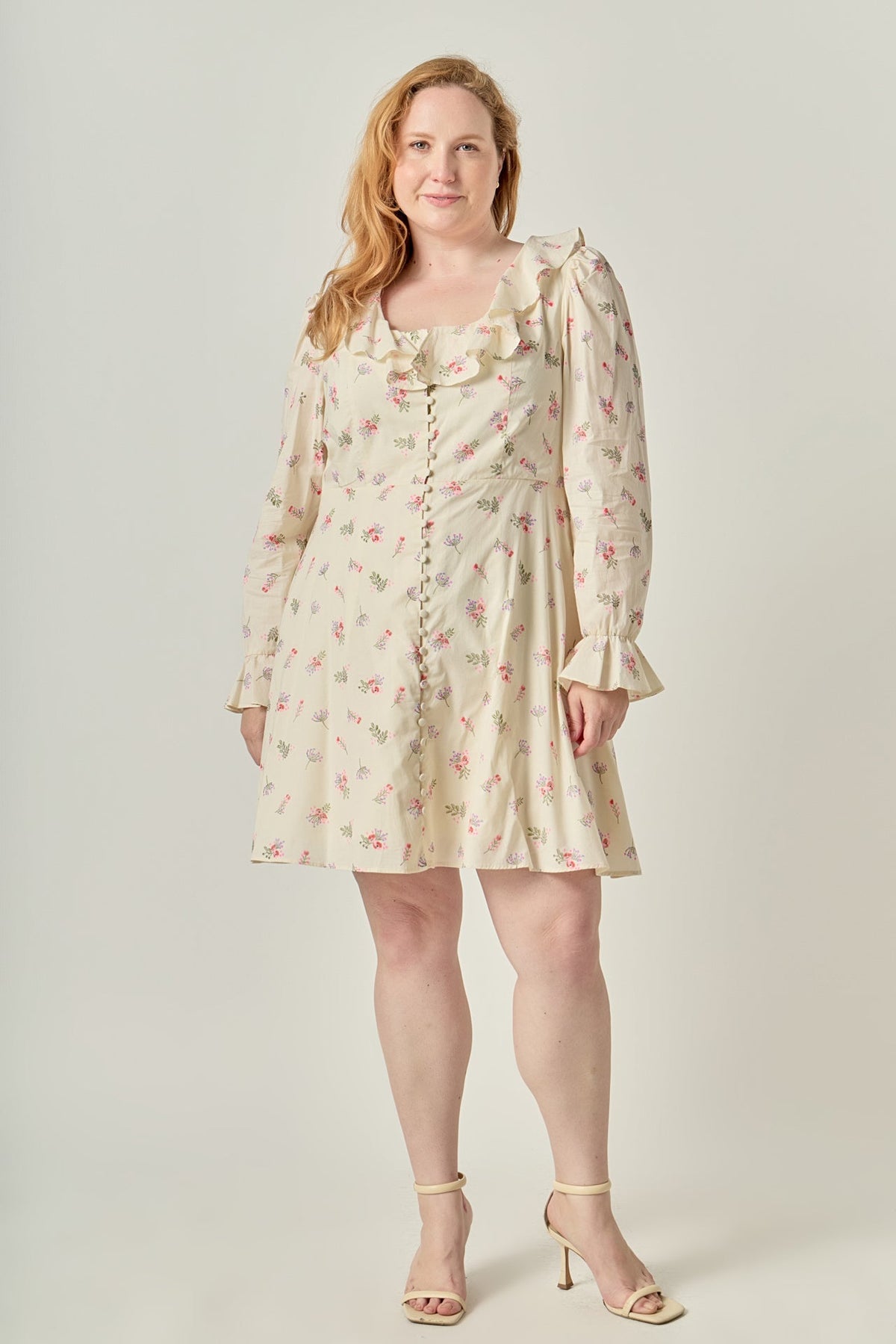 ENGLISH FACTORY - Plus Size Floral Ruffled Neck Mini Dress - DRESSES available at Objectrare