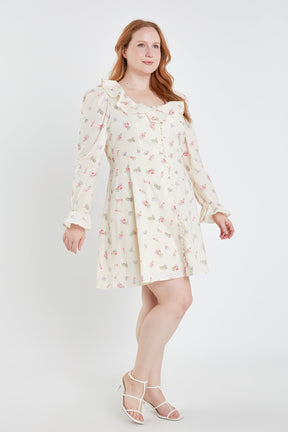 ENGLISH FACTORY - English Factory - Plus Size Floral Ruffled Neck Mini Dress - DRESSES available at Objectrare