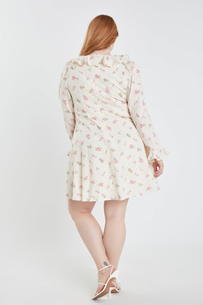 ENGLISH FACTORY - English Factory - Plus Size Floral Ruffled Neck Mini Dress - DRESSES available at Objectrare