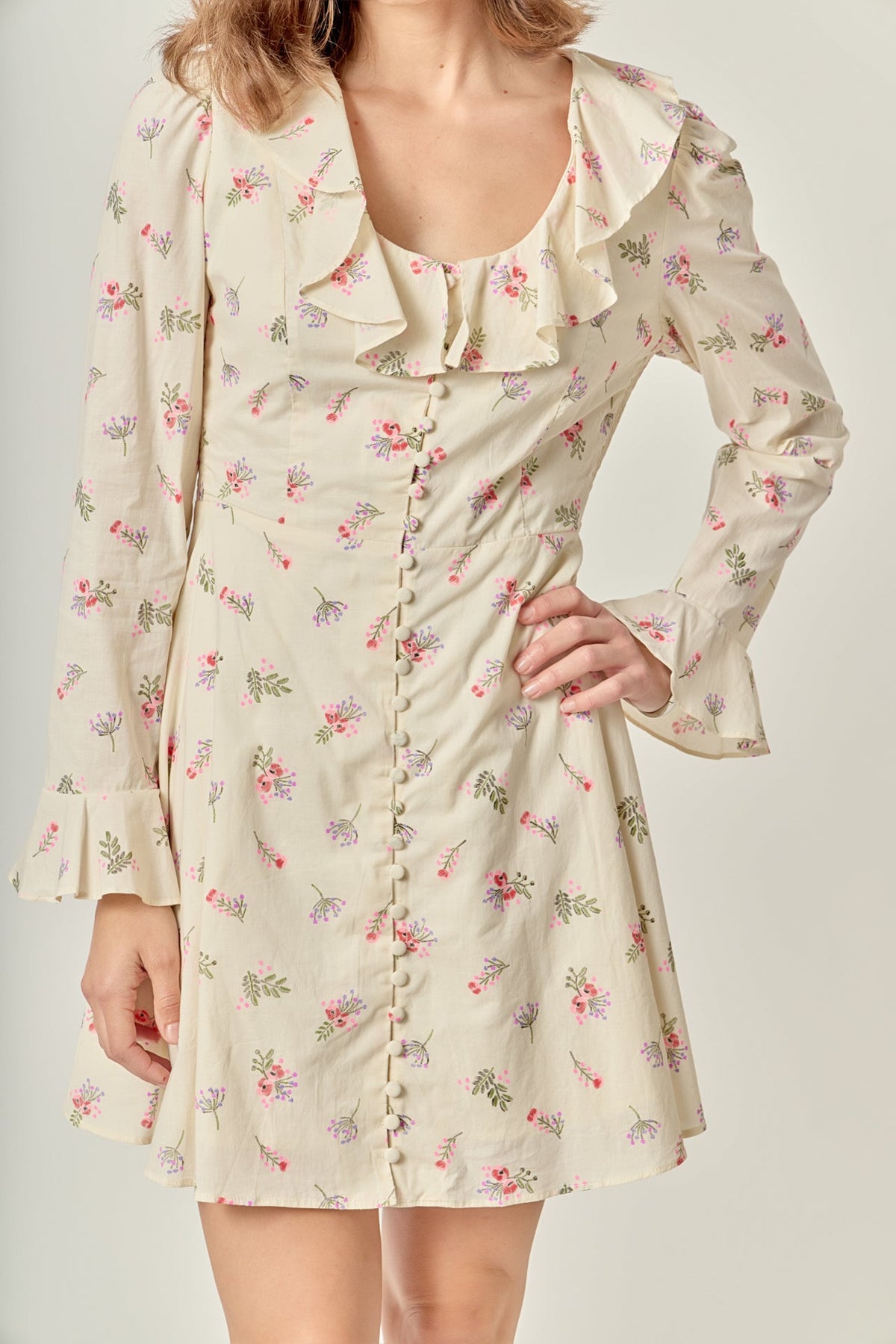 ENGLISH FACTORY - Floral Ruffled Neck Mini Dress - DRESSES available at Objectrare
