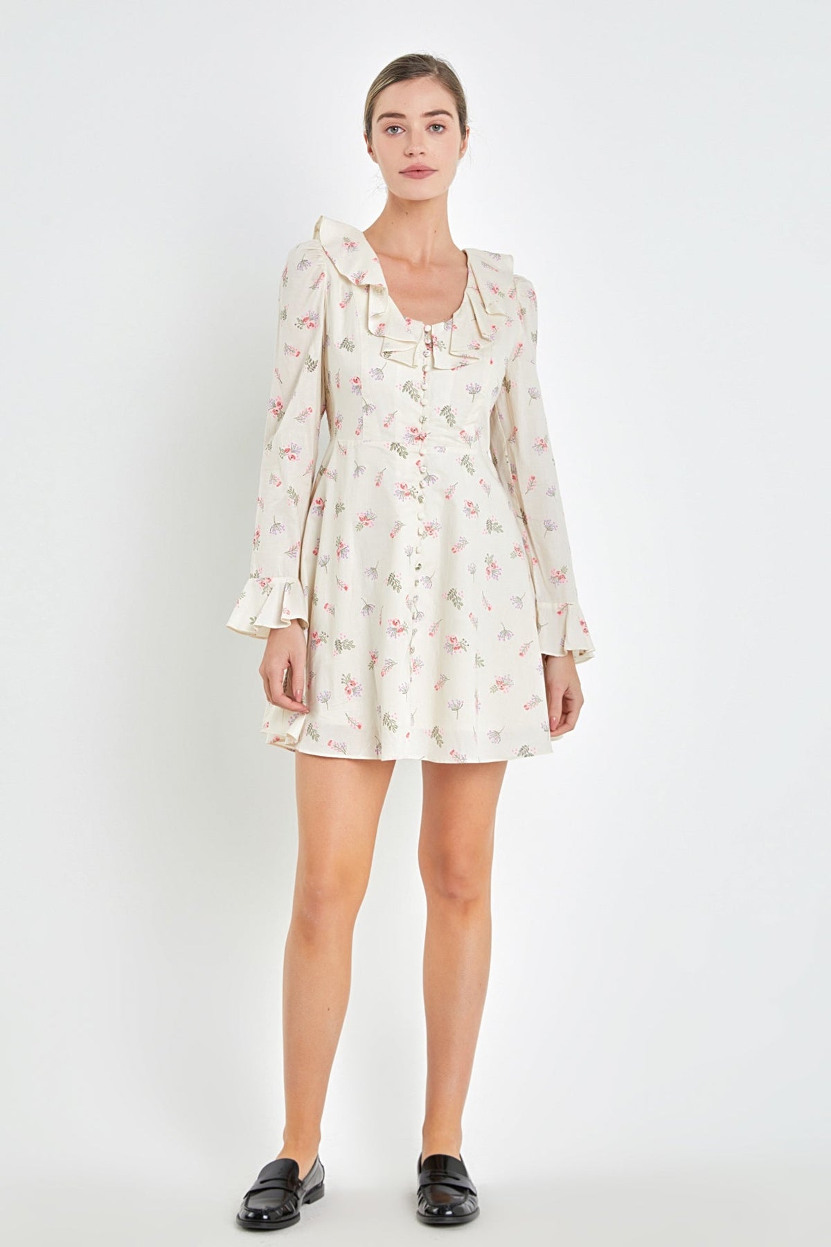 ENGLISH FACTORY - English Factory - Floral Ruffled Neck Mini Dress - DRESSES available at Objectrare