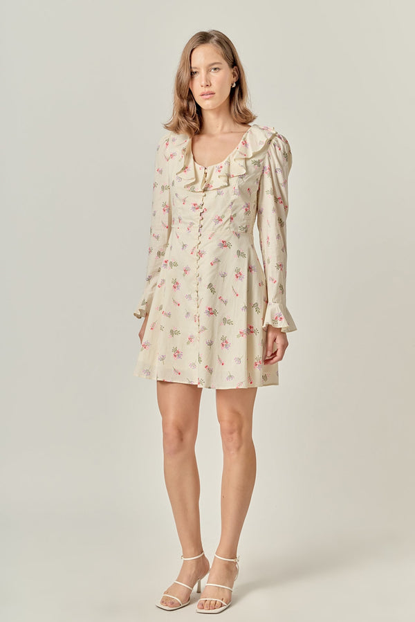 Floral Ruffled Mini Dress with Elegant Deep V-Neck