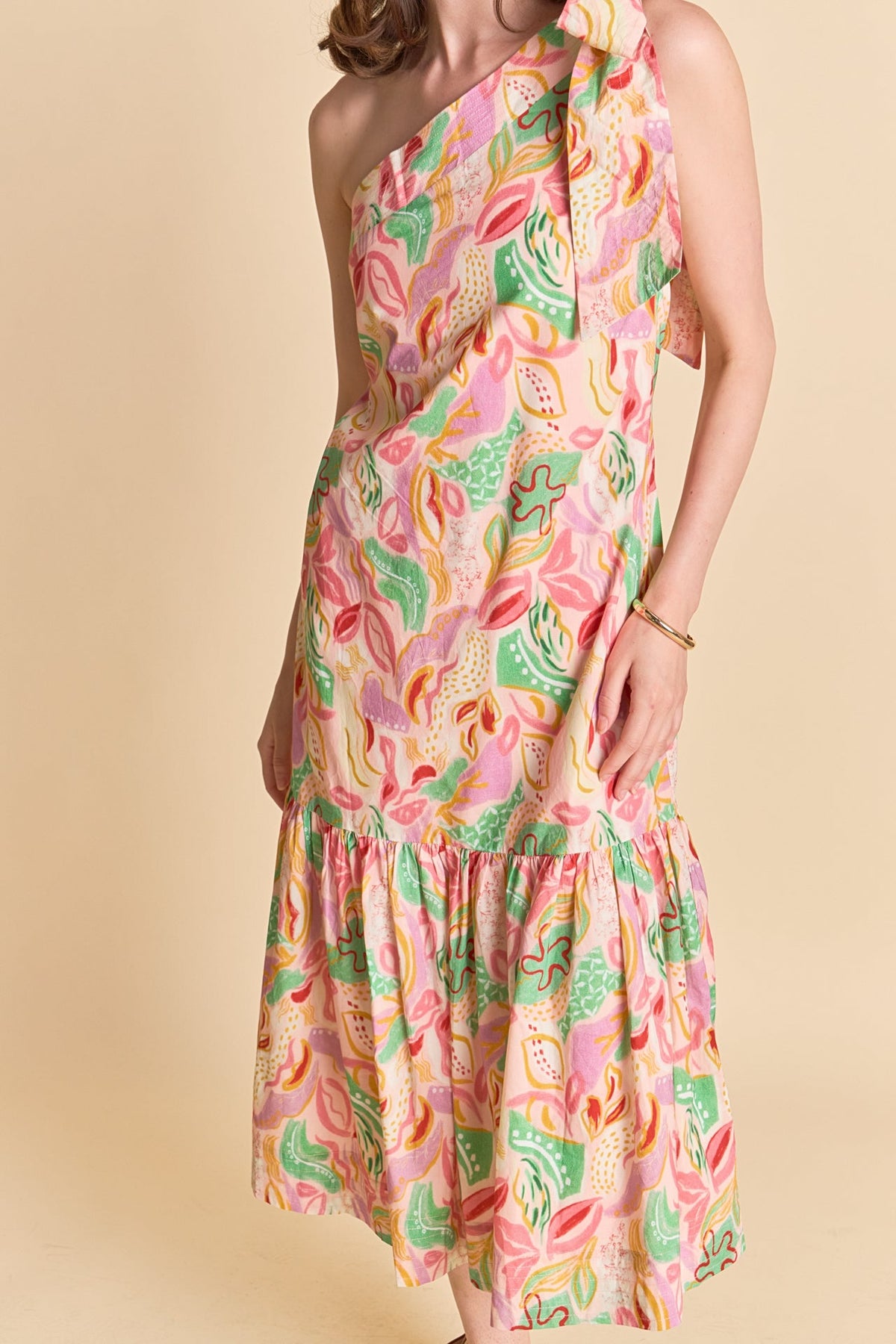 Printed One-Shoulder Flounce Midi Dress