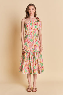 Printed One-Shoulder Flounce Midi Dress