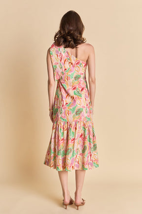 Printed One-Shoulder Flounce Midi Dress