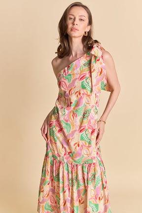 Printed One-Shoulder Flounce Midi Dress
