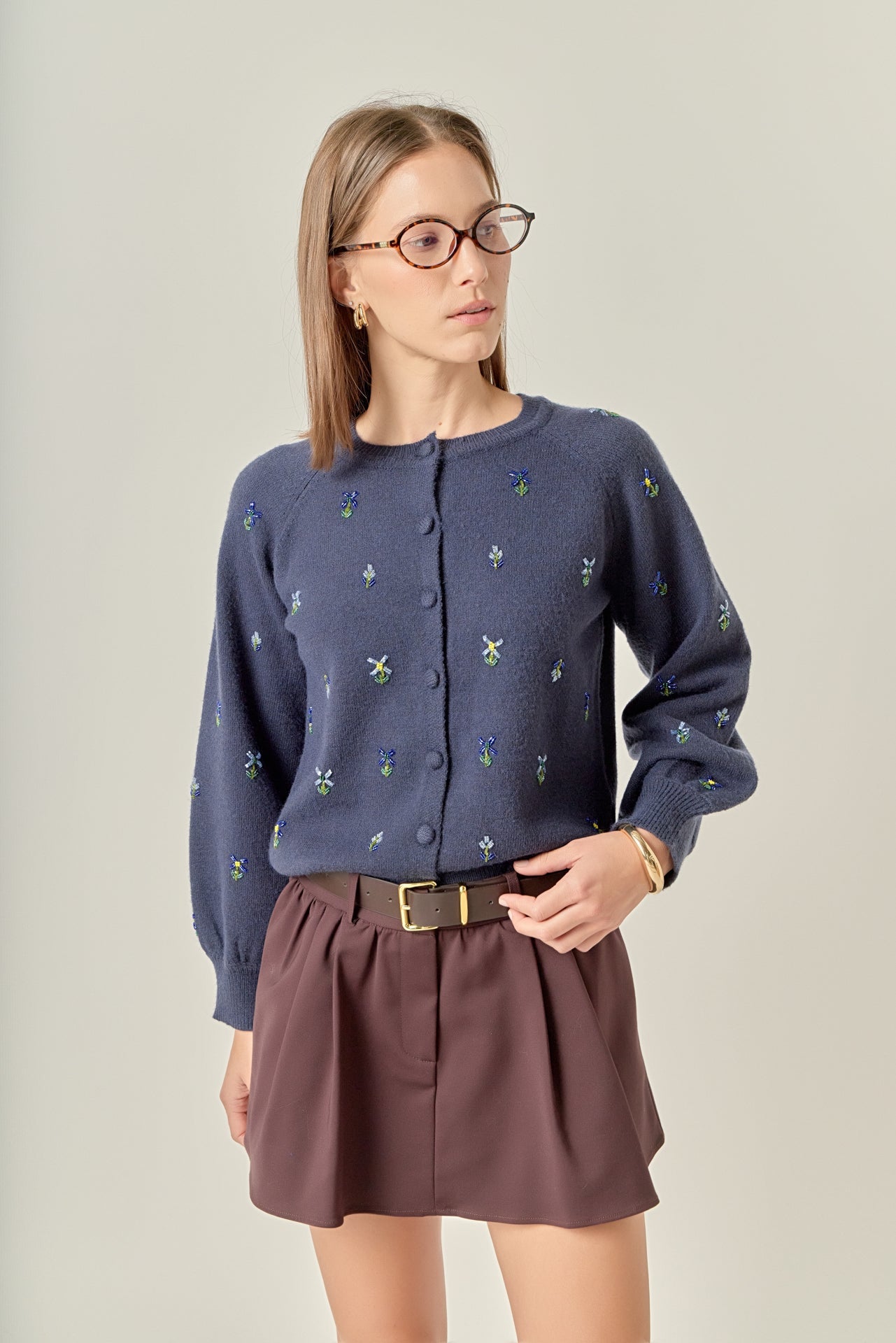 Beads Floral Round Neck Cardigan