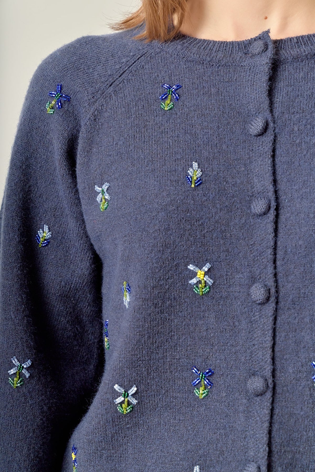 Beads Floral Round Neck Cardigan
