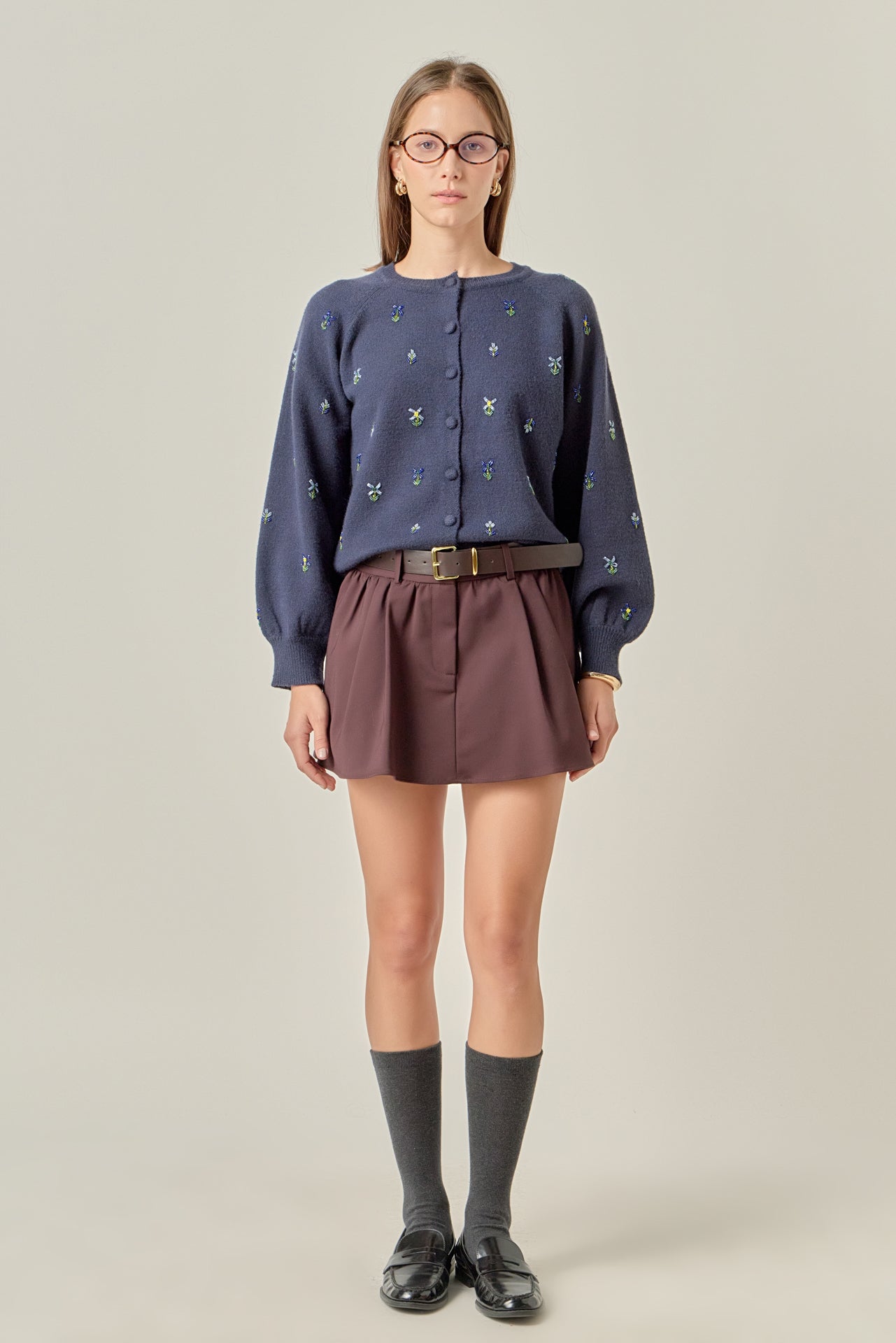 Beads Floral Round Neck Cardigan