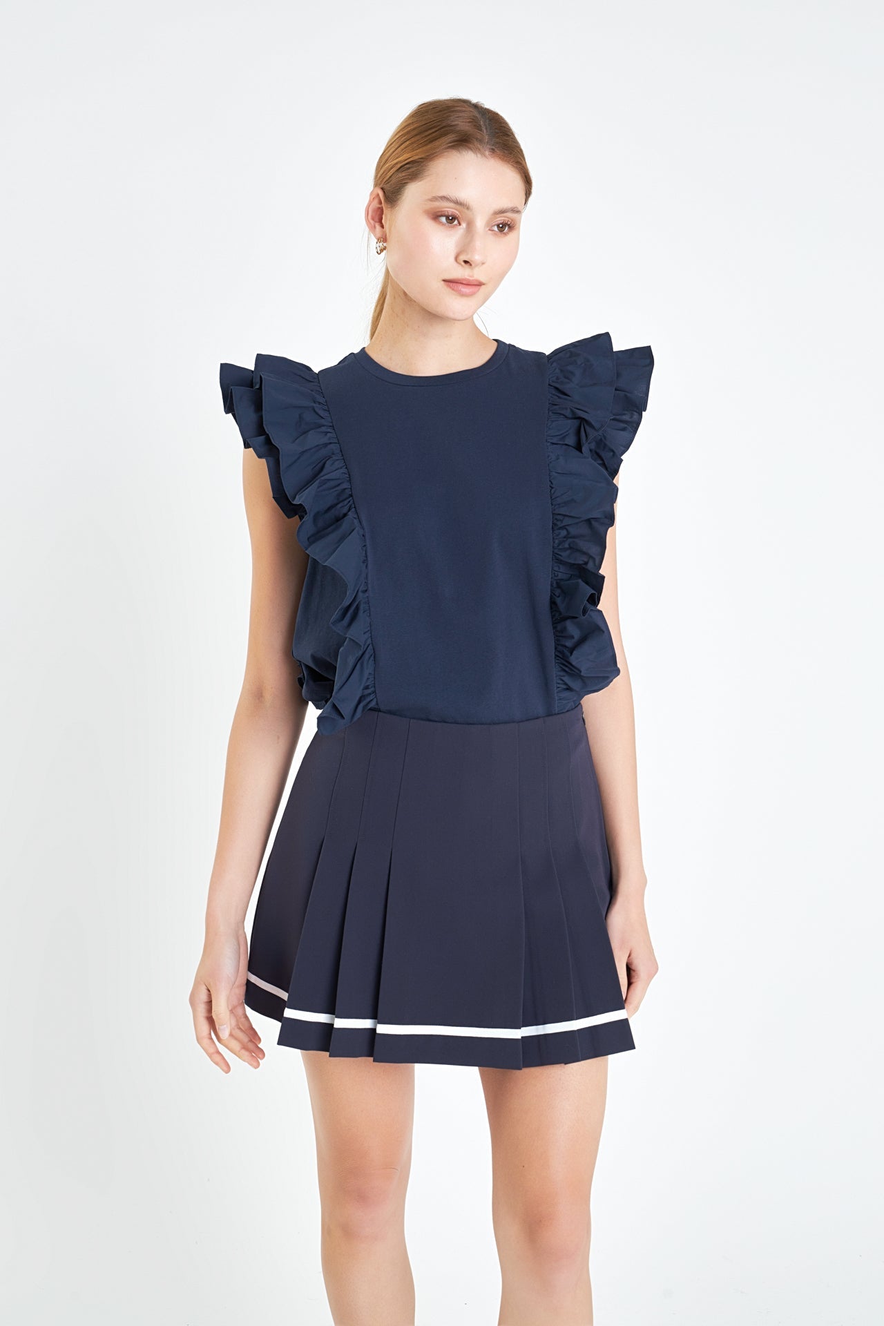 ENGLISH FACTORY - English Factory - Pleated Contrast Mid Rise Skorts - SKORTS available at Objectrare