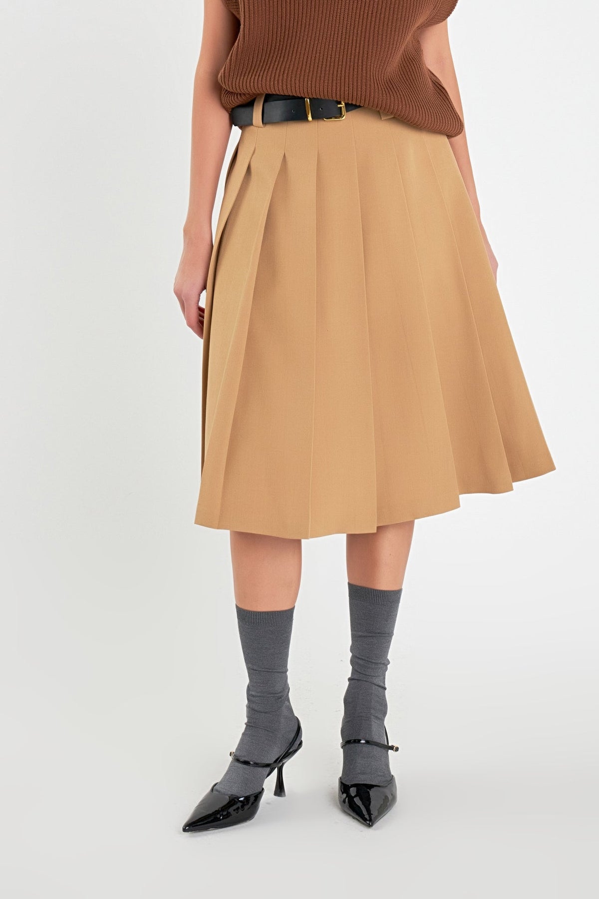 ENGLISH FACTORY - English Factory - Low Waist Pleated Midi Skirt in Tan - SKIRTS available at Objectrare