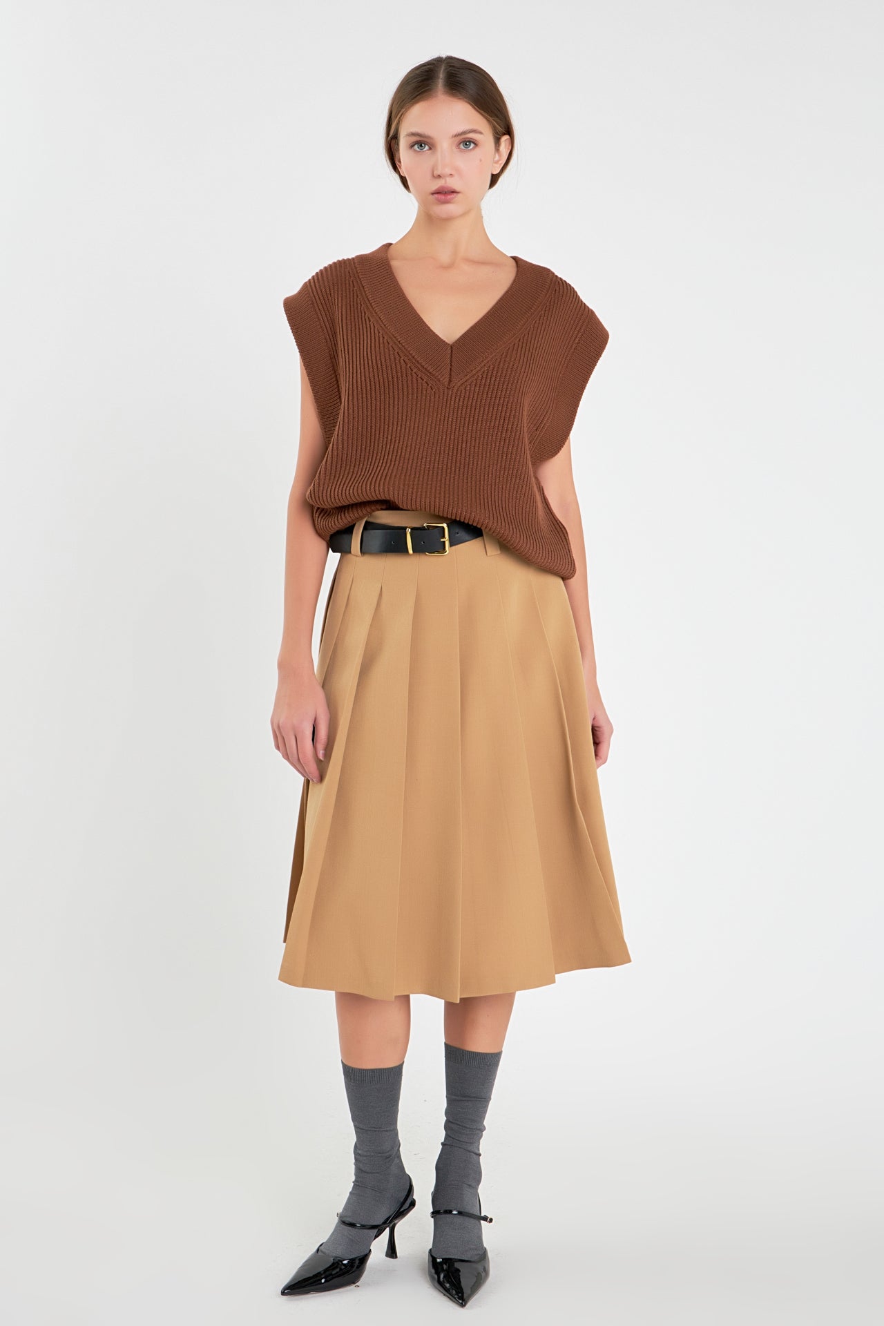 ENGLISH FACTORY - English Factory - Low Waist Pleated Midi Skirt in Tan - SKIRTS available at Objectrare