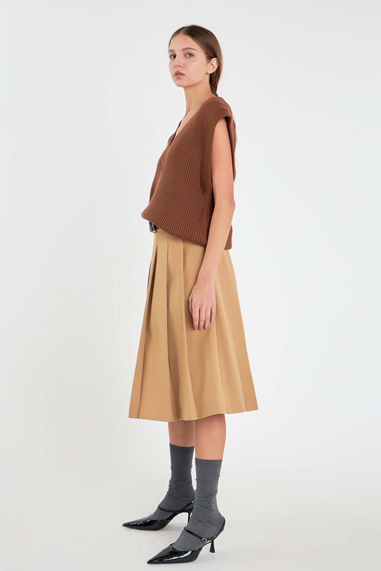 ENGLISH FACTORY - Low Waist Pleated Midi Skirt in Tan - SKIRTS available at Objectrare