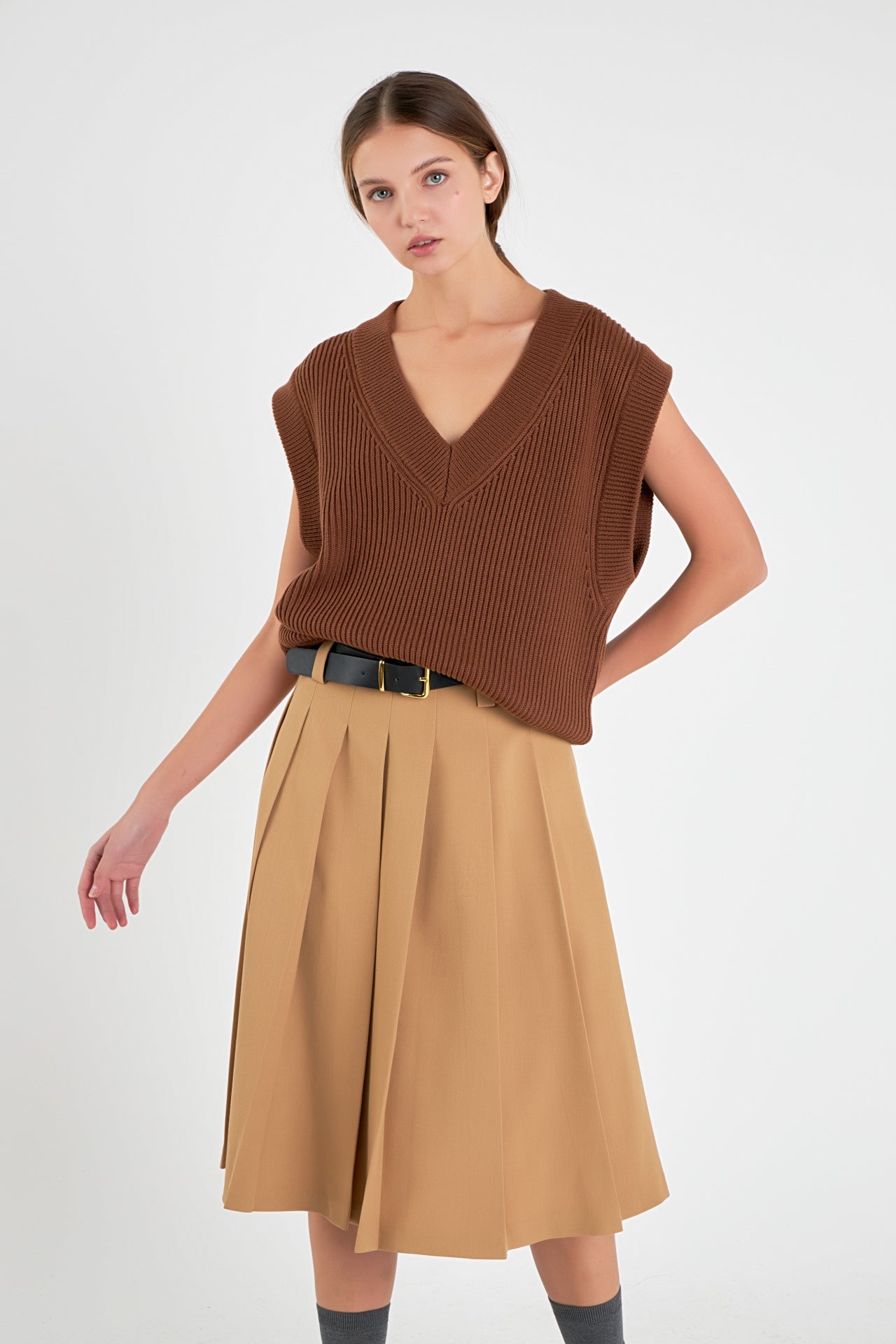 ENGLISH FACTORY - English Factory - Low Waist Pleated Midi Skirt in Tan - SKIRTS available at Objectrare