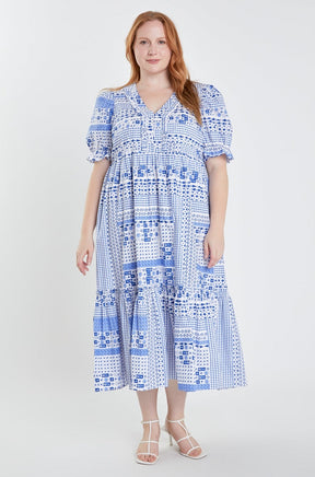 Plus Size Geometric Print Tiered Midi Dress