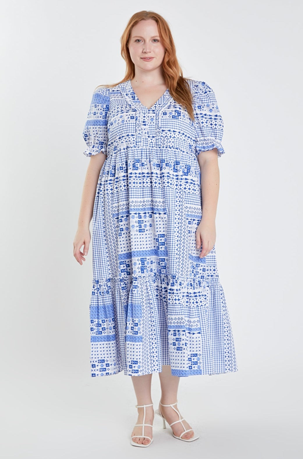 ENGLISH FACTORY - English Factory - Plus Size Geometric Print Tiered Midi Dress - DRESSES available at Objectrare