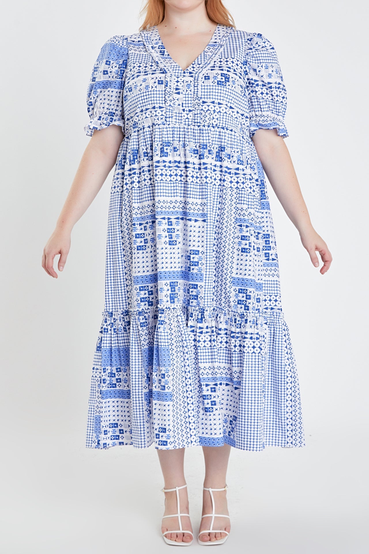 ENGLISH FACTORY - English Factory - Plus Size Geometric Print Tiered Midi Dress - DRESSES available at Objectrare