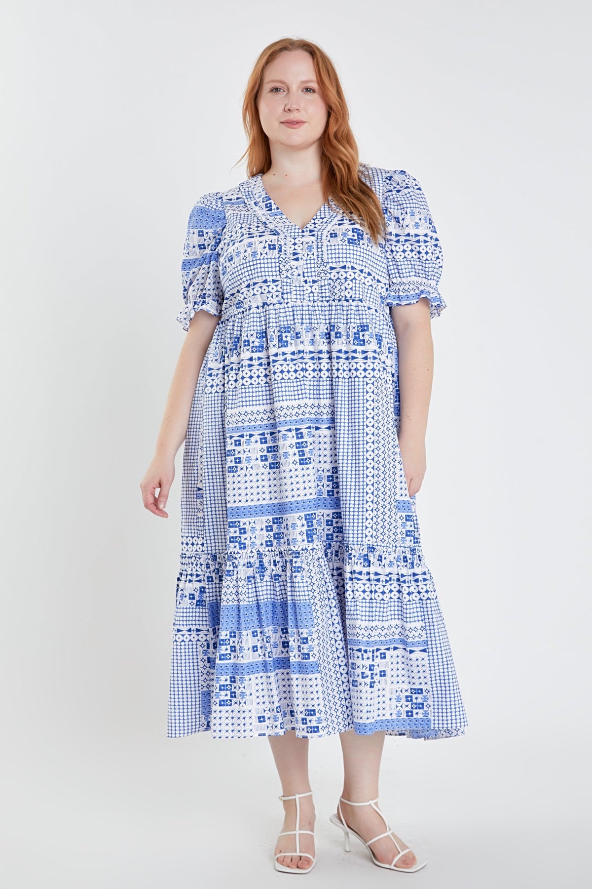 ENGLISH FACTORY - Plus Size Geometric Print Tiered Midi Dress - DRESSES available at Objectrare