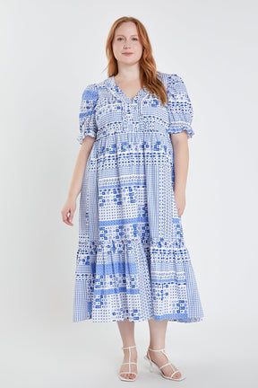 Plus Size Geometric Print Tiered Midi Dress