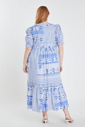 Plus Size Geometric Print Tiered Midi Dress