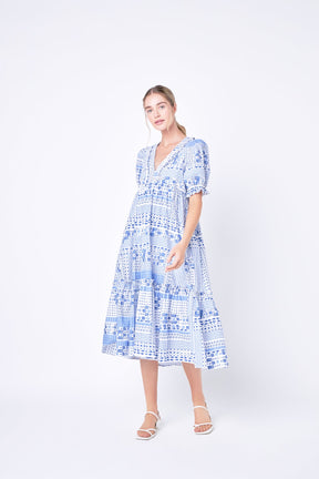 ENGLISH FACTORY - Geometric Print Tiered Midi Dress - DRESSES available at Objectrare