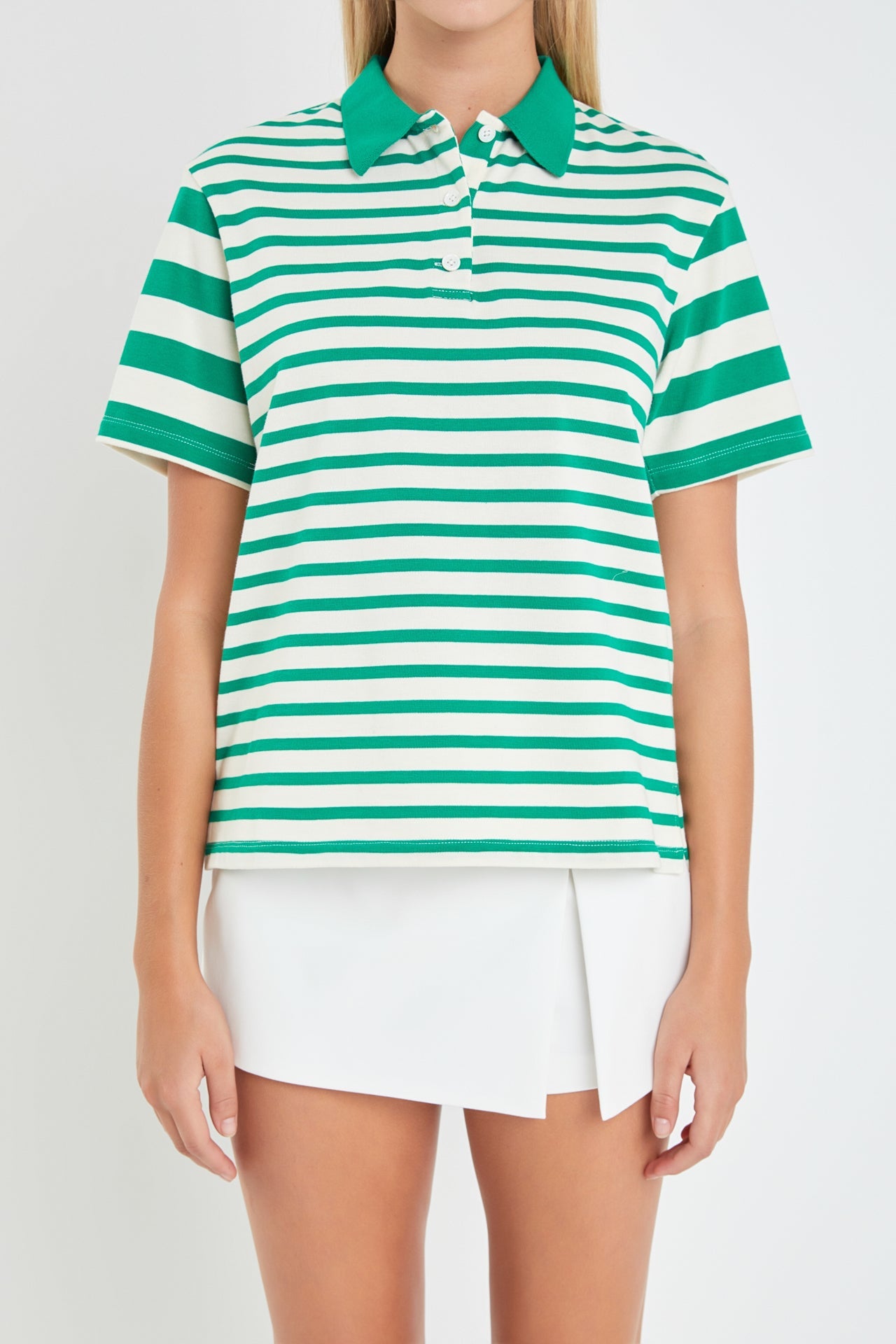 Stripe Short Sleeve Collared Knit Top