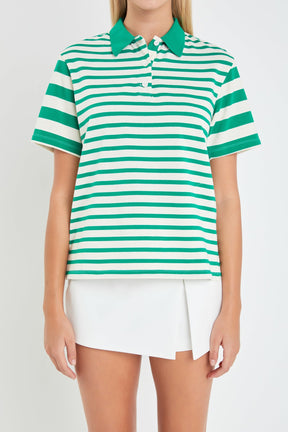 Stripe Short Sleeve Collared Knit Top
