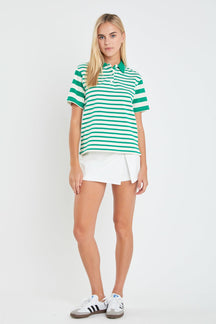 Stripe Short Sleeve Collared Knit Top
