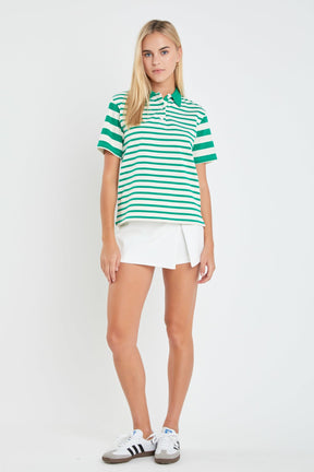 Stripe Short Sleeve Collared Knit Top