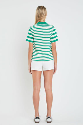Stripe Short Sleeve Collared Knit Top