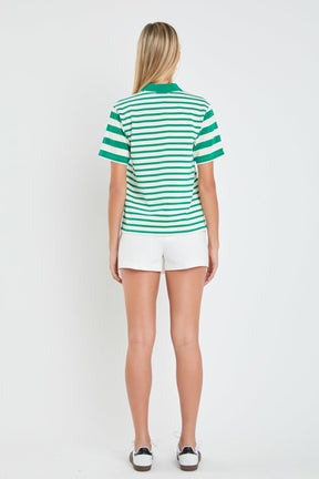 ENGLISH FACTORY - English Factory - Stripe Short Sleeve Collared Knit Top - T-SHIRTS available at Objectrare