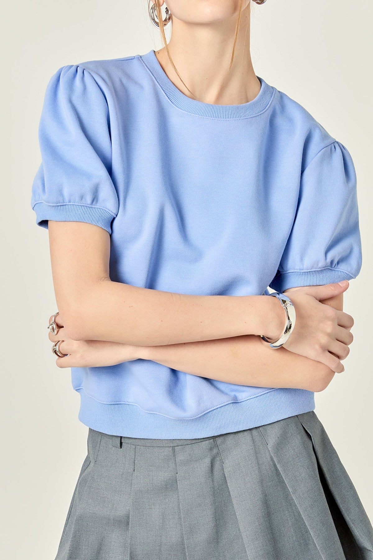 French Terry Puff Sleeve Sweatshirt in Powder Blue