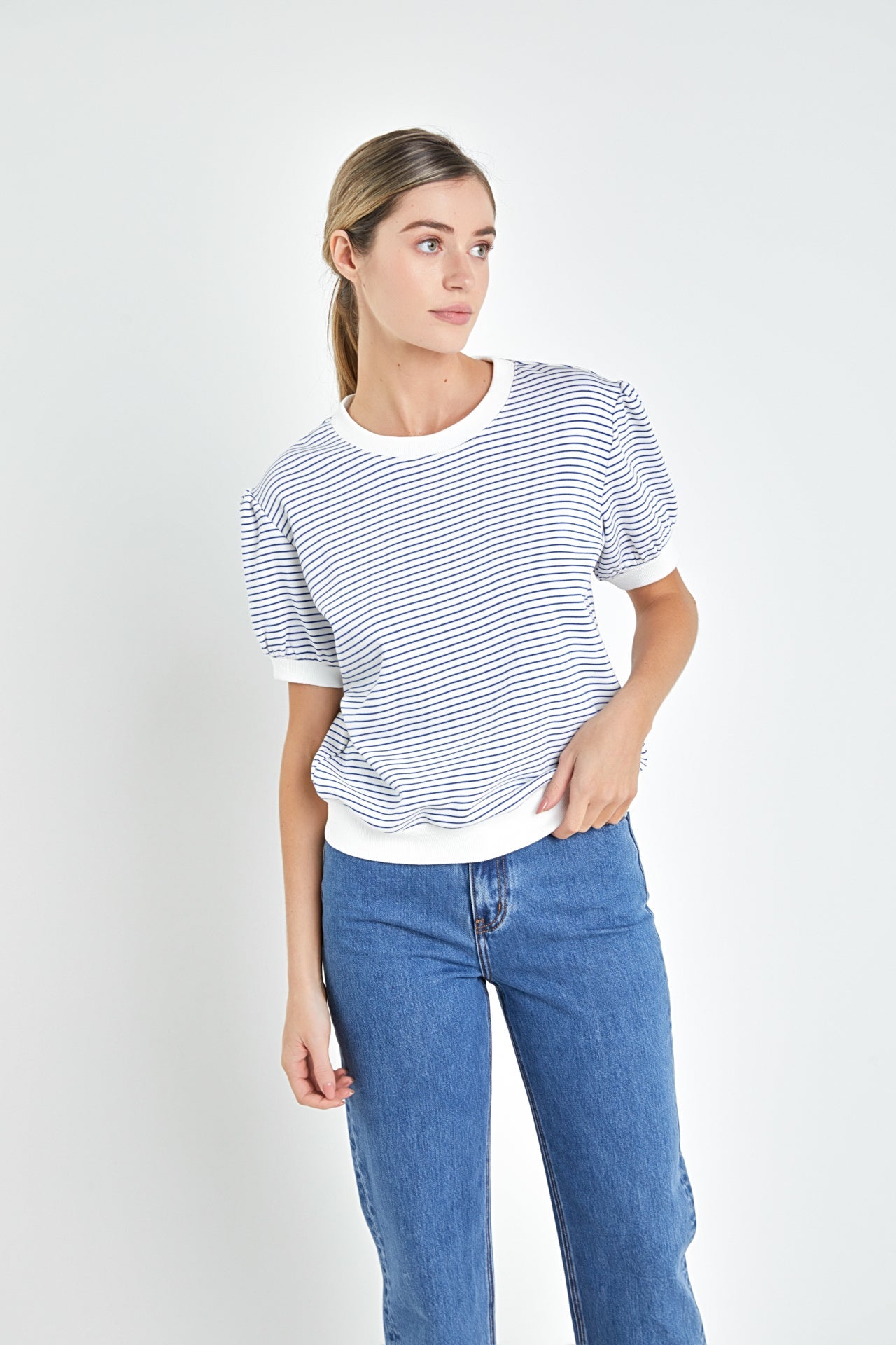 ENGLISH FACTORY - Stripe Terry Puff Sleeve Sweatshirt - TOPS available at Objectrare