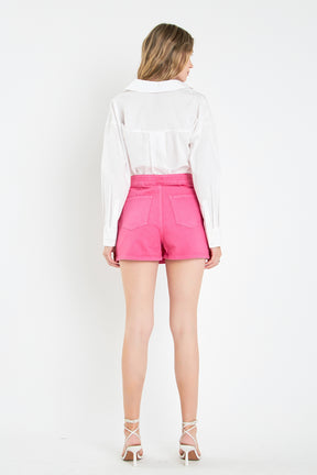 ENGLISH FACTORY - High-waisted Denim Mini Skort - SKORTS available at Objectrare