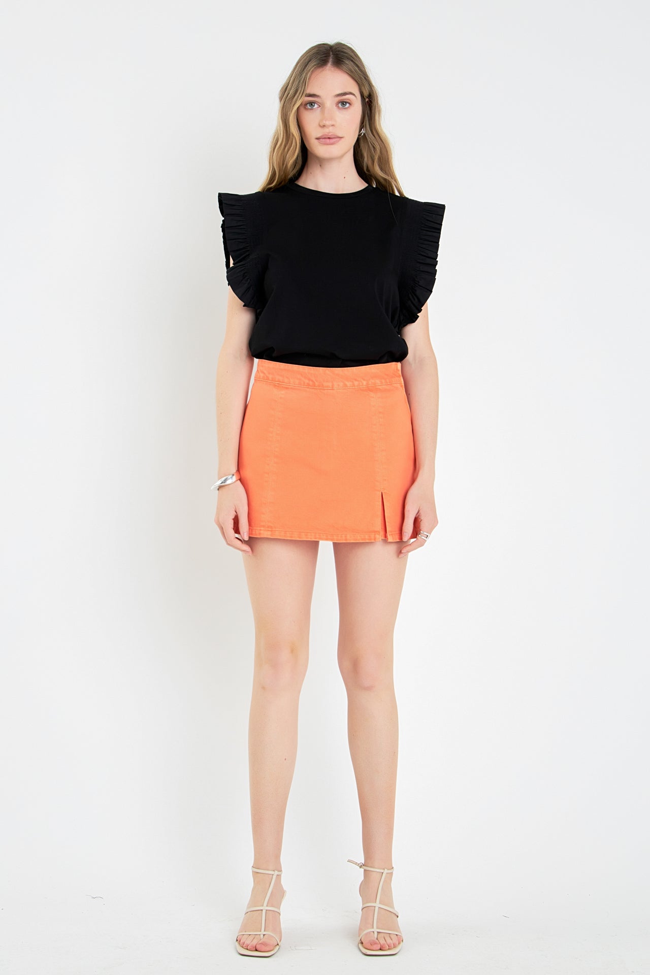 ENGLISH FACTORY - High-waisted Denim Mini Skort - SKORTS available at Objectrare