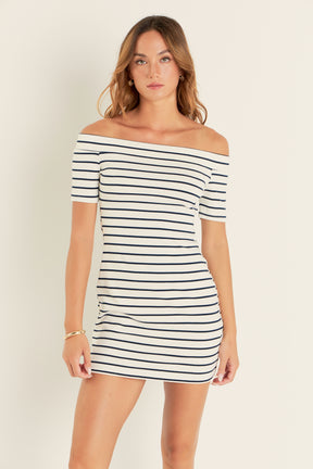 ENGLISH FACTORY - Striped Off Shoulder Knit Dress - DRESSES available at Objectrare
