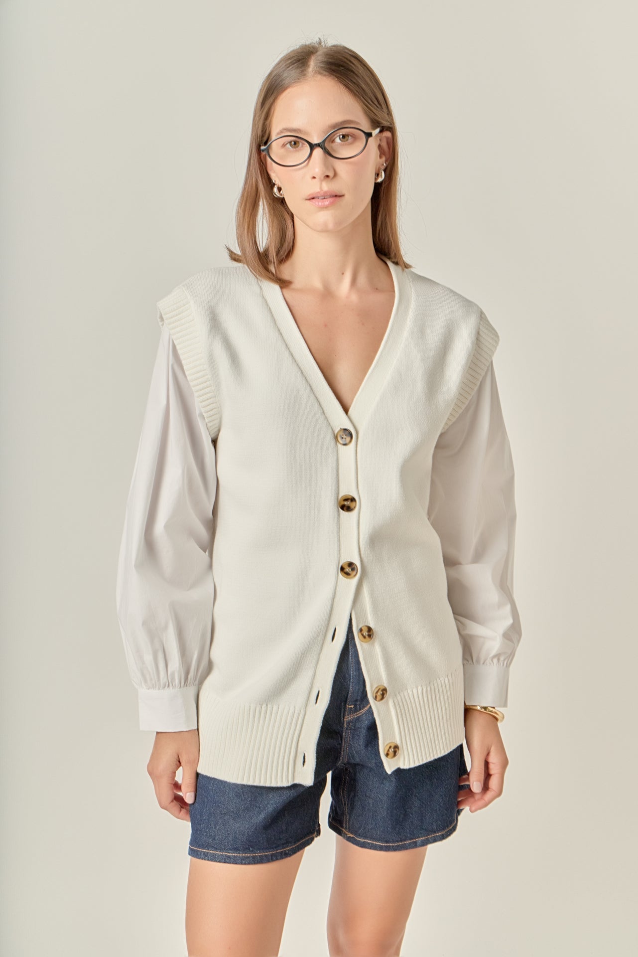 ENGLISH FACTORY - Knit and Poplin Combo Cardigan - SWEATERS & KNITS available at Objectrare